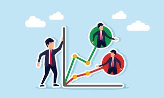 Businessman standing beside a line chart with businessman icons for each category, illustration of monitoring and analyzing competitor business performance and strategy vector