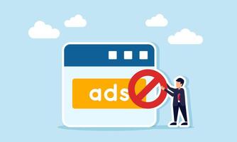 Businessman carries a do not or forbidden sign next to an app interface displaying ads, illustration of blocking illegal and offensive ads vector