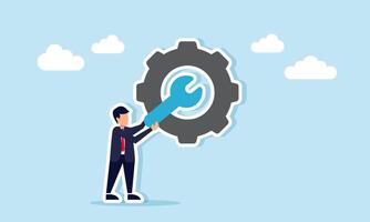 Businessman holding an engine key to point at a gear, illustration of improving business work system for better performance and operational efficiency vector