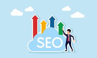 Businessman stand beside a cloud marked with SEO and several upward arrows, illustration of the importance of optimal SEO application for increasing sales and market attention vector