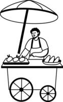 A glyph illustration of a character standing at a food stall vector