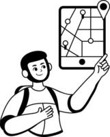 A glyph illustration of a character finding location on map vector