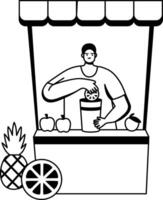 A glyph illustration of a character standing at a juice stall vector