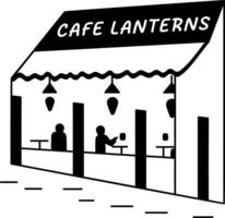 Cafe outside view with cafe lanterns text, glyph sticker vector