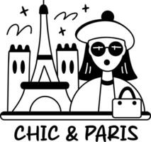 Paris tourist standing in front of eiffel tower with chic and paris text, glyph sticker vector