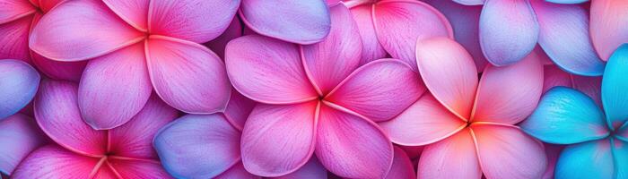 Vibrant pink and blue plumeria flowers create a stunning, colorful backdrop. photo