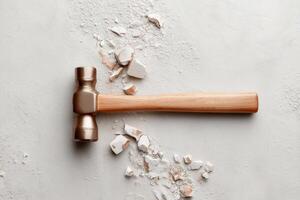 Close-up of a hammer on a textured surface with scattered debris from construction work. photo