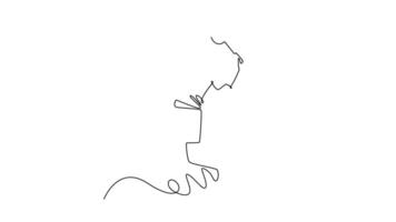 Animated self drawing of continuous line draw badminton player jumping and strikes shuttlecock to get point during game on indoor court, showcasing precise technique. Full length single line animation video