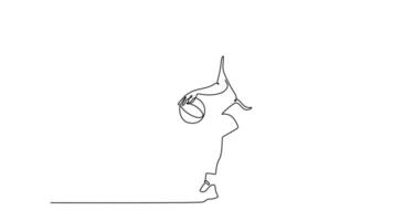 Animated self drawing of continuous line draw young basketball player dribbling ball. Training agility and control on playground court. Sportsman activity or hobby. Full length single line animation video