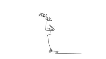 Animated self drawing of continuous line draw professional badminton player in uniform stands holding racket and shuttlecock ready to serve. Sport activity on indoor. Full length single line animation video