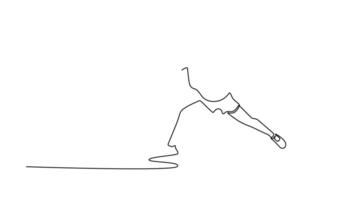 Self drawing animation of single line draw woman badminton player get ready to receive shuttlecock from opponent. Athlete are playing badminton defense technique. Continuous line. Full length animated video