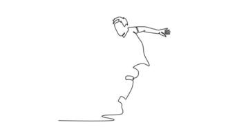 Animated self drawing of continuous line draw active badminton player get ready to receive shuttlecock from opponent during game play on indoor court. Sport recreation. Full length one line animation video
