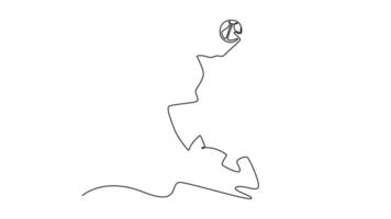 Animated self drawing continuous line draw back view of basketball player makes slam dunk on big professional arena during the game play. Players wearing sport uniform. Full length one line animation video