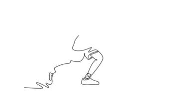 Animated self drawing of continuous line draw professional basketball player dribbling ball, exhibiting agility and control on the court. Competitive sport game play. Full length single line animation video