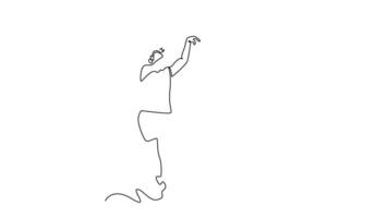 Animated self drawing of continuous line draw professional basketball player in sport uniform doing jump shooting for scoring point while training on national court. Full length single line animation video