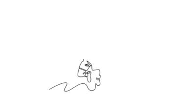 Animated self drawing of continuous line draw badminton player strikes shuttlecock during a game on indoor court, showcasing precise technique and athletic movement. Full length single line animation video