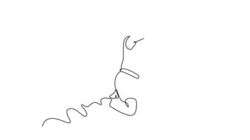 Animated self drawing of continuous line draw pretty female basketball player makes slam dunk on professional arena in the game play. Players wearing sport uniform. Full length single line animation video
