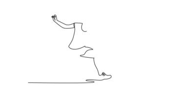 Self drawing animation of single line draw pretty female badminton player get ready to receive shuttlecock from opponent. Athlete playing defense in indoor court. Continuous line. Full length animated video