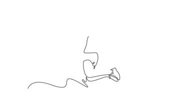 Animated self drawing of continuous line draw beauty female badminton player jumping and strikes shuttlecock to get point on indoor court, showcasing precise technique. Full length one line animation video