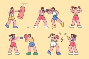 Cartoon characters boxing and training in various poses. Men and women practicing with gloves in a fun and simple flat style illustration. vector
