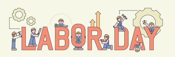 Cute construction workers assembling the LABOR DAY letters with tools vector