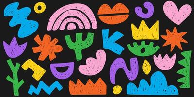 Set of colorful pencil drawn modern textured shapes. Trendy collections of abstract doodle pieces. Creative collage with funky abstract geometric objects in a naive style vector