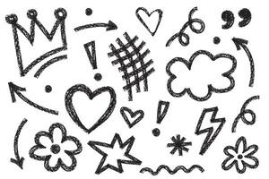 Collection of charcoal graffiti doodle punk and girly shapes. Bold marker brush drawn various doodle elements for templates and collages. Punk and grunge style vector
