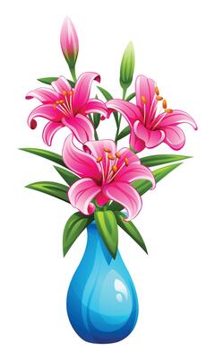 Pink lilies in blue vase with leaves and flower buds. Cartoon illustration