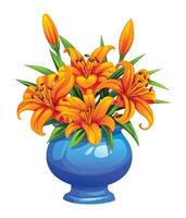Lush orange lilies in a shiny blue vase with green leaves. Cartoon illustration vector