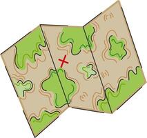 Treasure map in hand drawn, doodle style. Suitable for adventure games, kids books, pirate themes. Folded paper map with green land shapes and red X on white background. vector