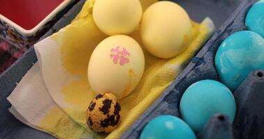 Decorating Easter eggs in yellow and blue colors showcasing Ukrainian pysanky techniques and the joy of colouring eggs in a creative atmosphere photo