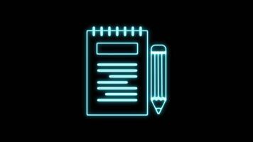 Neon Glowing Blank Notebook With Pen Writing Icon Animation on Isolated Background video