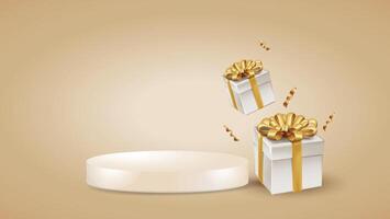 Gift wrapped with golden ribbon and podium element 3d realistic design vector