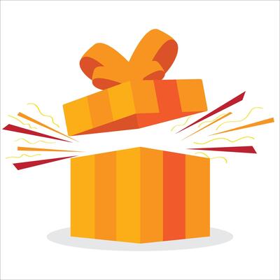 Open yellow gift box isolated on white background with confetti explosion. stock illustration