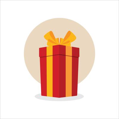 Red gift box illustration on white background with spot behind box, stock illustration
