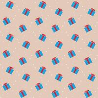 Light blue Gift boxes with golden red seamless pattern on light background vector