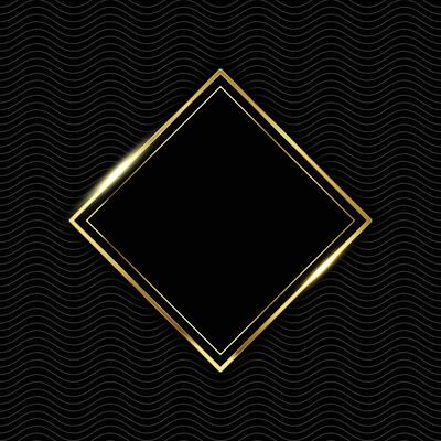 Abstract modern luxury black cube with golden shiny border waves background with shadow