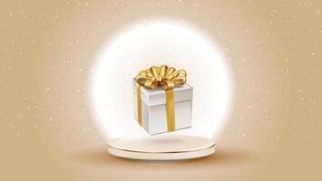 Gift wrapped with golden ribbon on product podium, sparkle in background golden elements realistic design vector