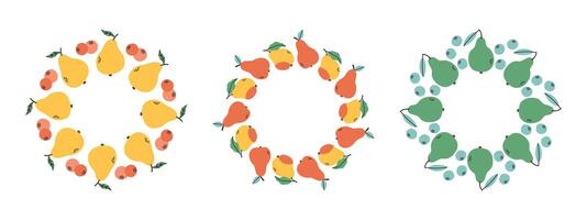 Fruit frame set. Pear design template, copy space. Cute hand drawn fruits round frame in doodle style. Circular template. Hand drawn fruits circle border. vector