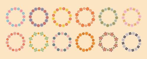 Groovy hand drawn flower circle frame set. Floral simple circle frame. Hand drawn botanical round border, laurel, wreath with flowers illustration for wedding invitation, card, logo vector