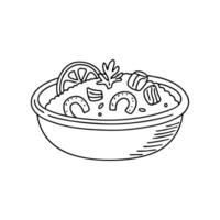 Risotto being served in a rustic bowl with seafood, garnished with parsley and lemon wedges vector