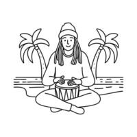Person with reggae style playing bongo on the beach with waves and palm trees vector