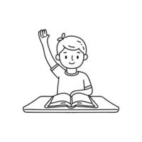 Child raising hand in classroom with open book on desk vector