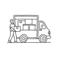 Person packing boxes and loading them into a moving truck, preparing to relocate vector