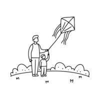 Father and son flying a kite in a breezy open field hill vector