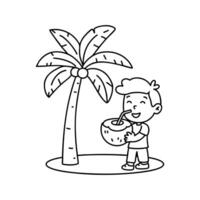 Child drinking coconut water with straw under a palm tree vector