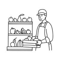 Worker restocking fruits on a grocery shelf from a crate of fresh produce vector