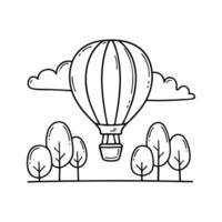 Hot air balloon floating above trees with basket visible vector