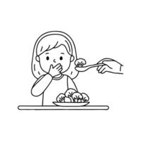 Child refusing to eat broccoli by covering mouth with hand while food spoon is near vector