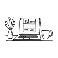 Office table with laptop showing resume draft on screen vector